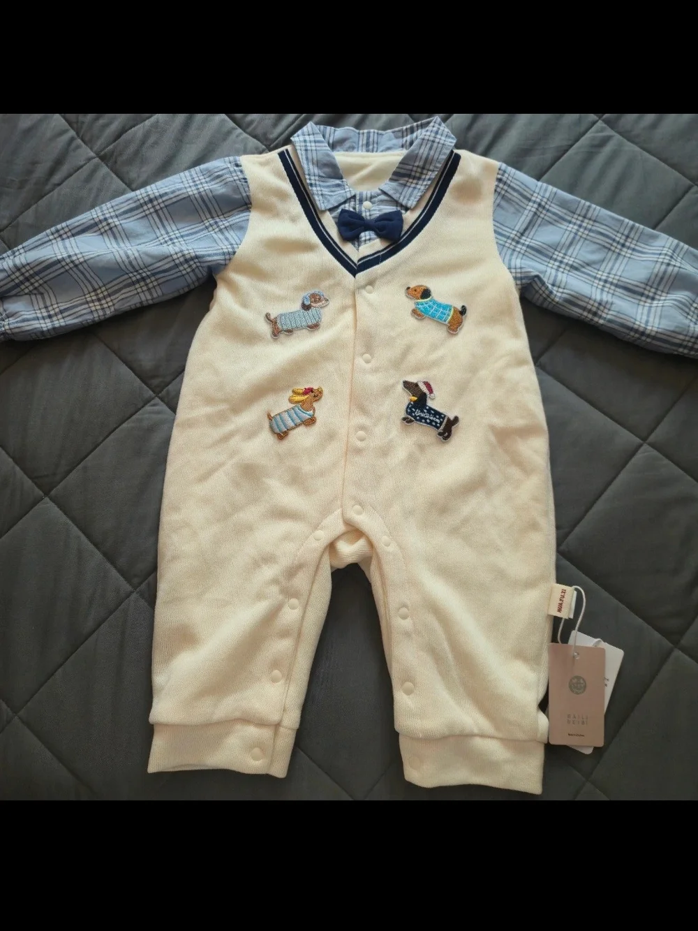 Cream & Blue Puppy Appliqué Footed One-Piece with Bow